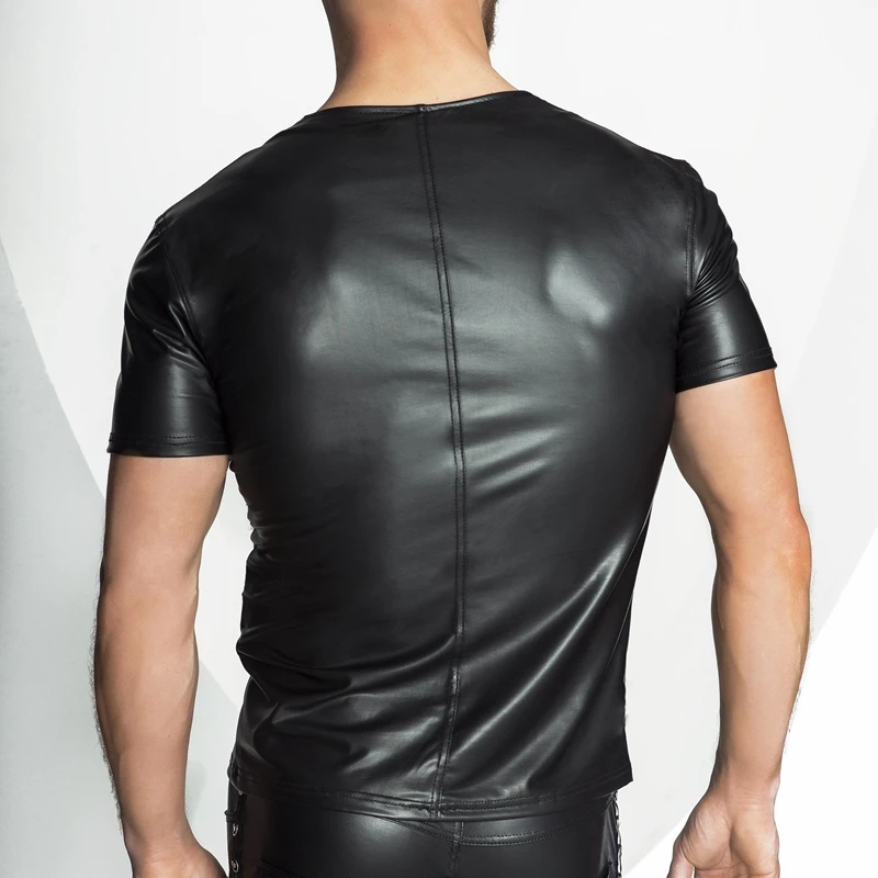 

S M L XL XXL New Faux Leather Mesh T shirt Men Tops Hip Hop Summer T shirt Men Sexy Fitness Male Tees Black Plus Size S-XXL