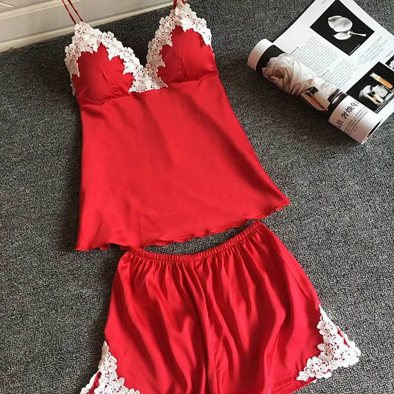 2018 NEWSummer красные шелковые пижамы для Для женщин Pijama атласные сексуальное