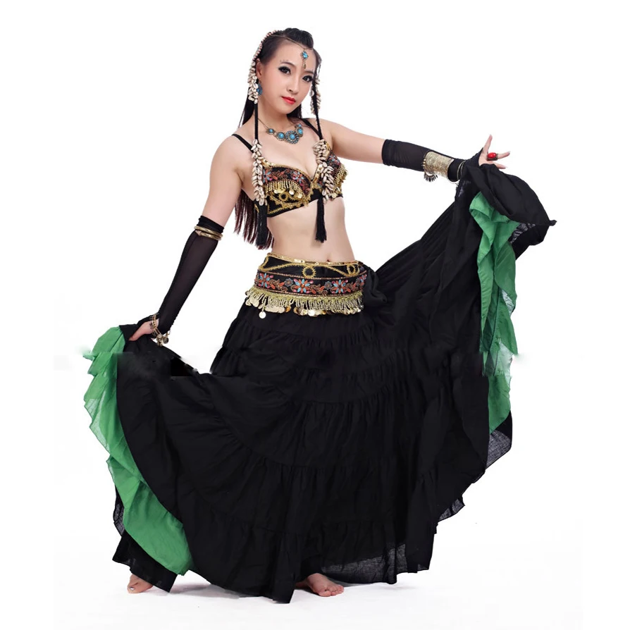 Женская одежда для танца живота, комплект из 4 предметов с бюстгальтером и ремнем, 2 юбки, цыганские танцевальные костюмы