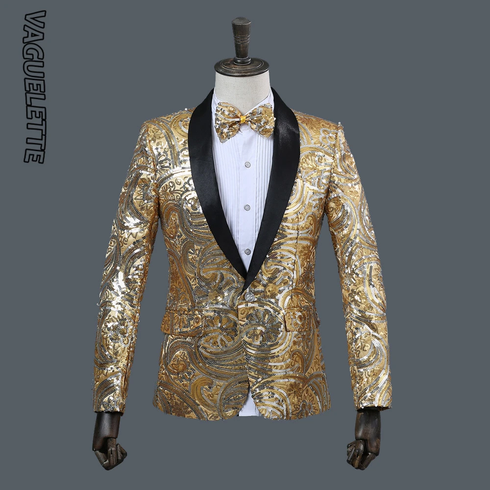

VAGUELETTE Paisley Floral Sequins Mens Blazer Jacket Coat For Singers Golden&Pink Shawl Collar Blazer For Men Stage Wear M-2XL