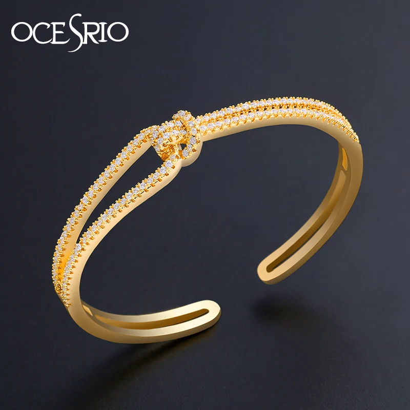 OCESRIO Gold Knot Cuff Bracelets Cubic Zirconia Stones Designer Crystal Metal Bangles for Women Luxury Jewelry brt-b30 | Украшения и