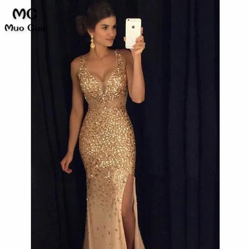 Mocuo Роскошные вечерние платья Русалочки Длинные Кристаллы разрез Vestido Longo вечерние платья vestido de festa Большие размеры