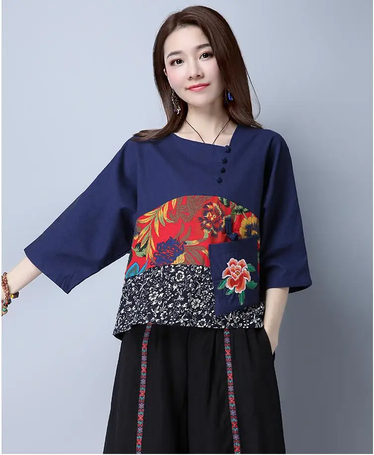 Женская рубашка из хлопка и льна с вышивкой рукавом до локтя|sleeve women|plus size blousesblouses