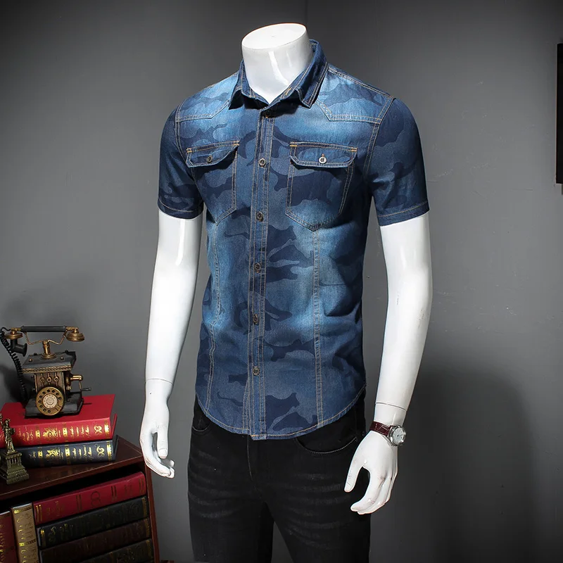 

Brand New Men Shirt Fashion Nice Short Sleeve Denim Mens Shirts Slim Fit Front Double Pocket Design Casual Shirt Men Blouse Pop