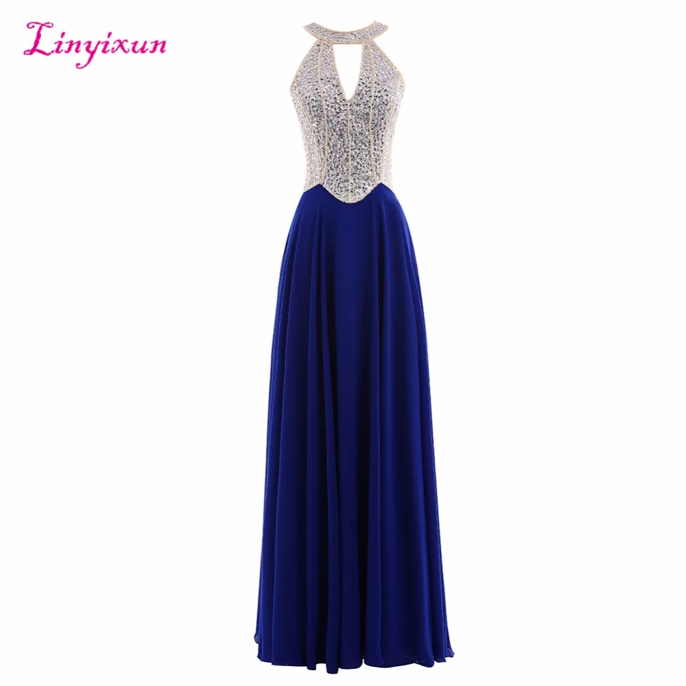 Linyixun настоящая фотография 2017 новые темно синие платья с лямкой на шее для