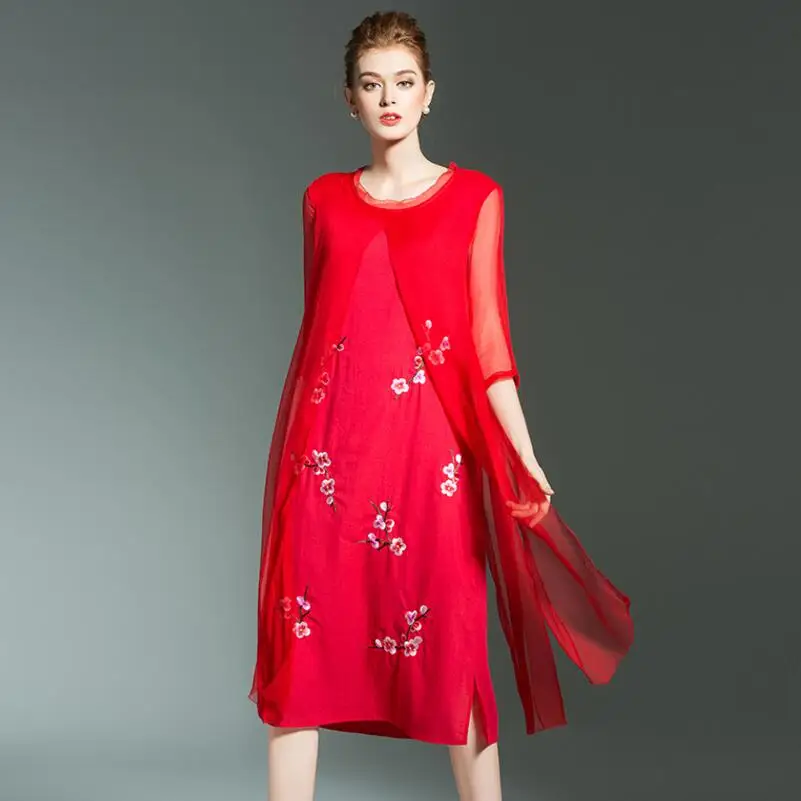 Женское платье с коротким рукавом повседневное красное из хлопка и шелка