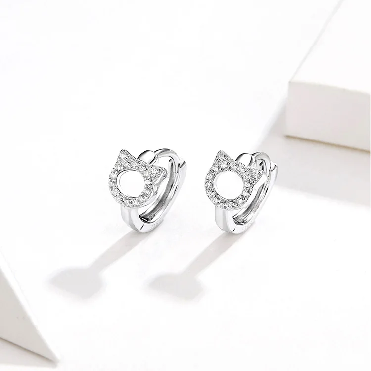 Серьги BISAER в виде кота, 925 пробы, серебряные, животные, кошка, киска, котенок, маленькие серьги-гвоздики для женщин, модные серебряные ювелирные изделия EFE171
