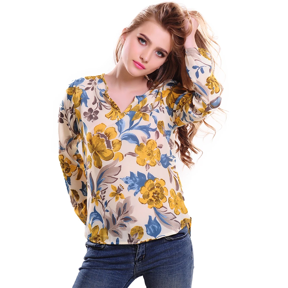 Новинка 2016. Женская блузка из шифона. Рисунок -цветы длинный рукав V-образный