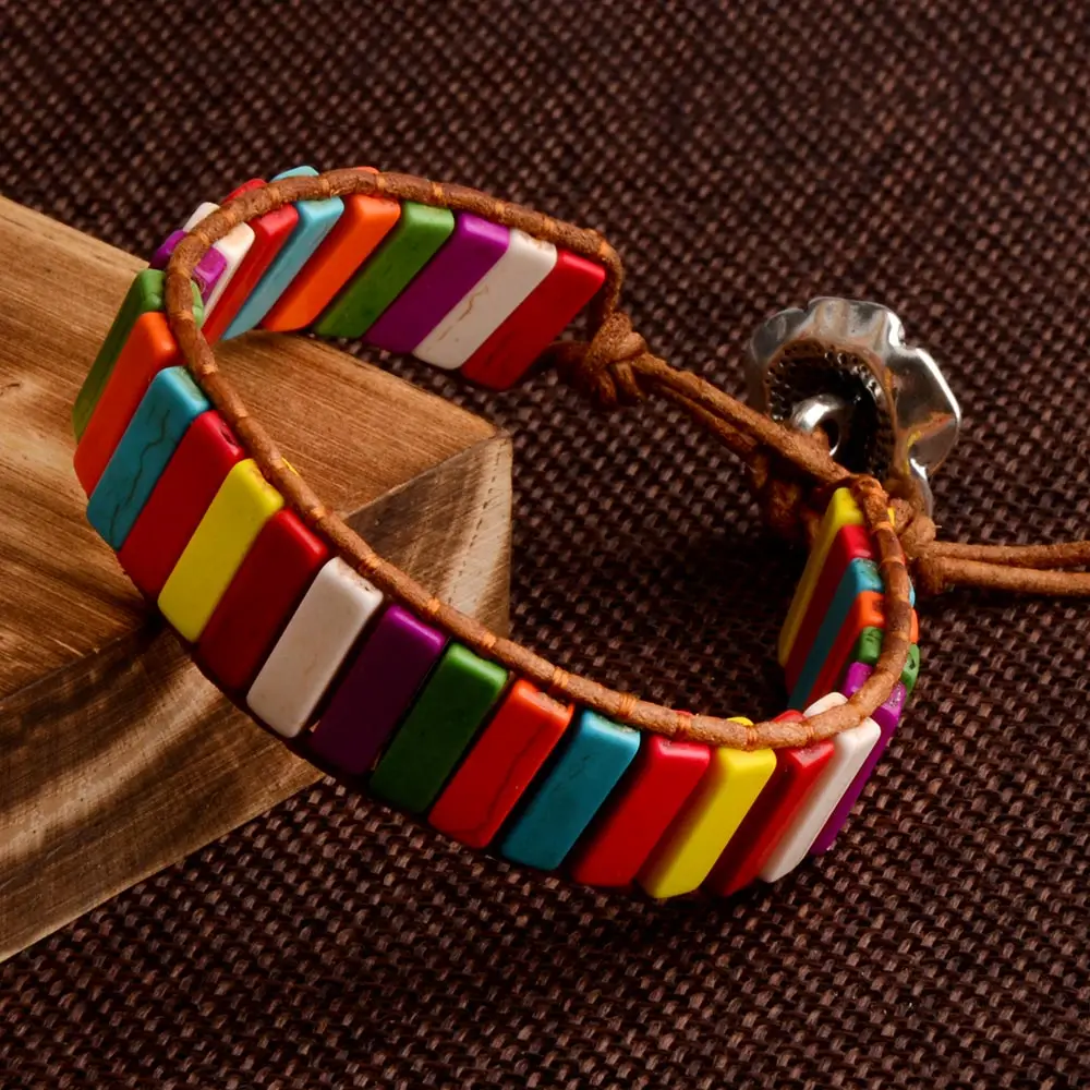 Handmade Bohemia Bracelet Stone Tube Beads Genuine Leather Yoga Strand flower For Women | Украшения и аксессуары