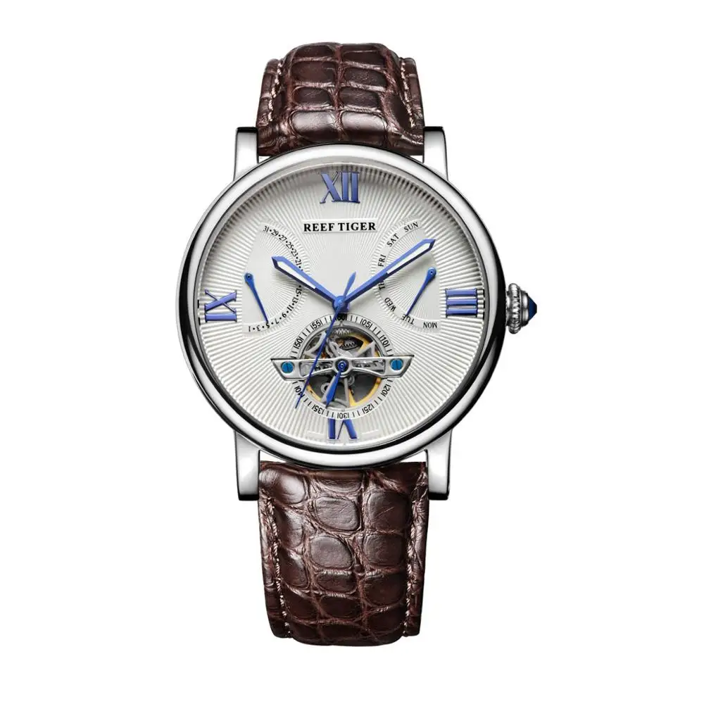 Reef Tiger/RT Tourbillon Мужские часы с датой день сталь дизайнер повседневные автоматические часы Аллигатор ремешок RGA191 - Цвет: RGA191-YWAS