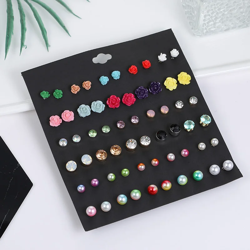 30 Pair/set Fashion Female Resin Acrylic Flower Earrings Set For Women Crystal Stud Earring Ladies Multicolor Pearl | Украшения и