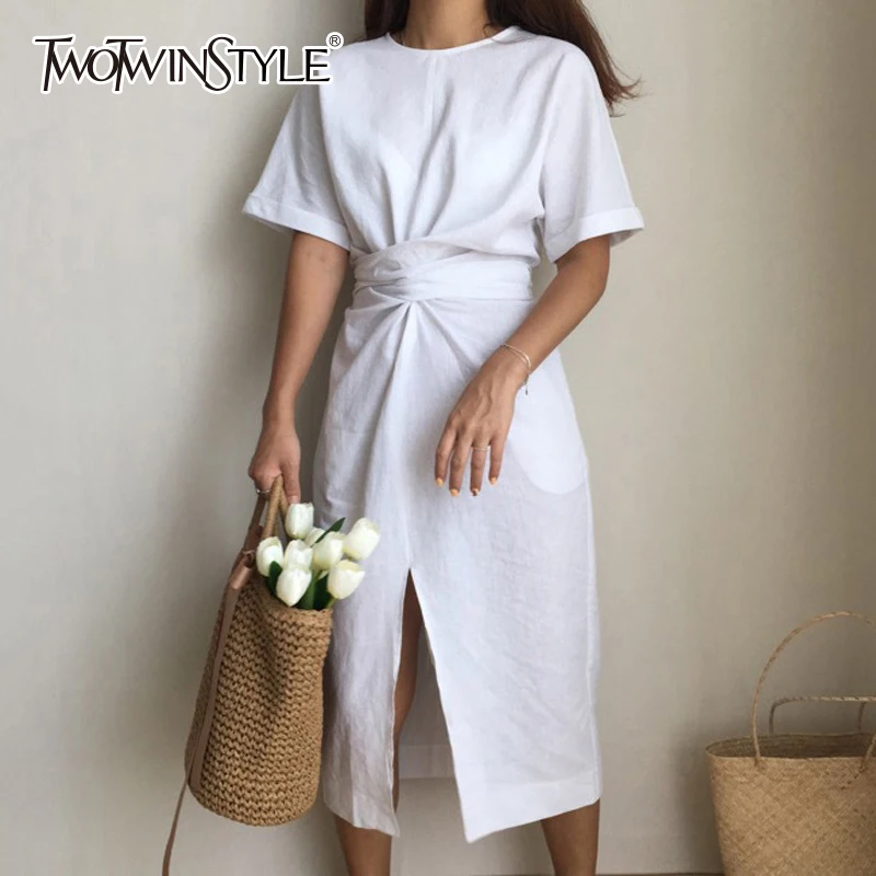 Женское платье с рюшами TWOTWINSTYLE летнее миди коротким рукавом и высокой талией