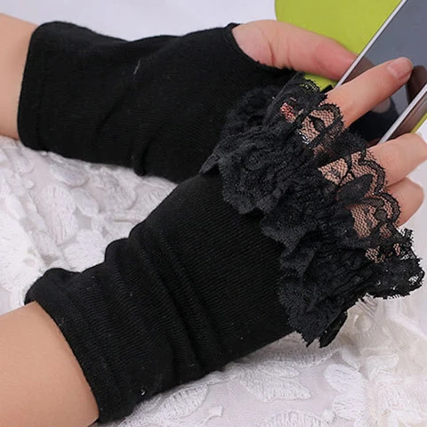 Митенки женские пикантные Черные кружевные перчатки зимние хлопковые