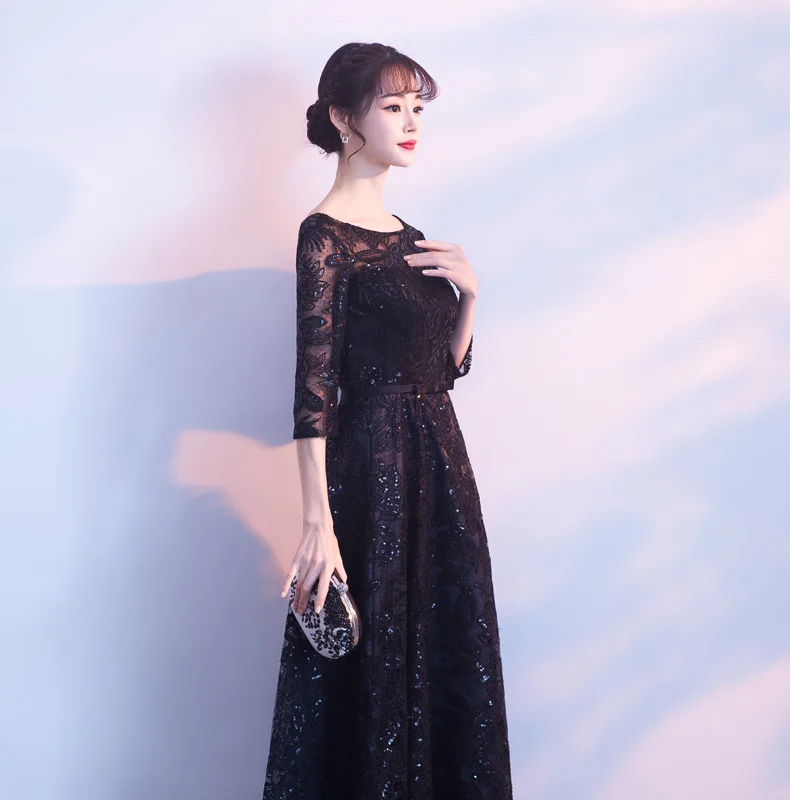 Ladybeauty Новое поступление Модный деловой Длинные Черный блесток с круглым вырезом элегантное кружевное вечернее платье с молнией сзади выпускного вечера праздничное платье