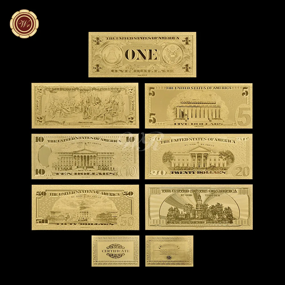 Набор золотых банкнот долларов США из чистого золота с двойным логотипом H1 5 10