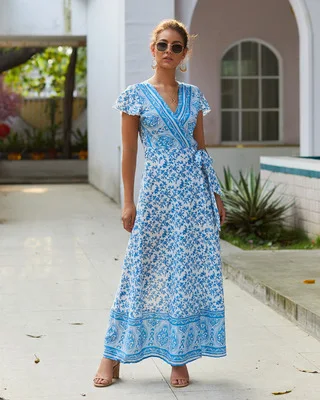 sky blue Boho женское летнее платье сексуальное пляжное платье с принтом и бантом с v-образным вырезом длиной до щиколотки асимметричное праздничное женское платье - Цвет: sky blue