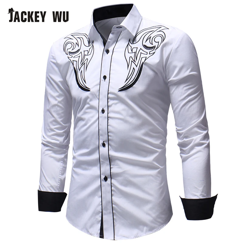 JACKEYWU платье рубашки для мужчин 2019 Мода вышитые длинный рукав Slim Fit рубашка хлопок