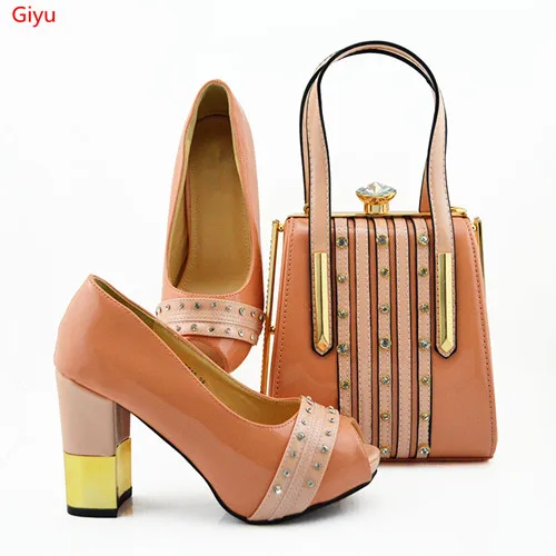 doershow fashionWomen peach Shoes and Bag Set In Italy/ Italian Shoes with Matching Bag Set Decorated with Rhineston!SVC1-14