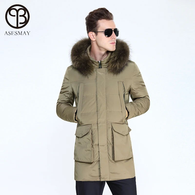 Asesmay 2017 зимняя куртка мужская белая утка вниз пальто в стиле милитари с капюшоном