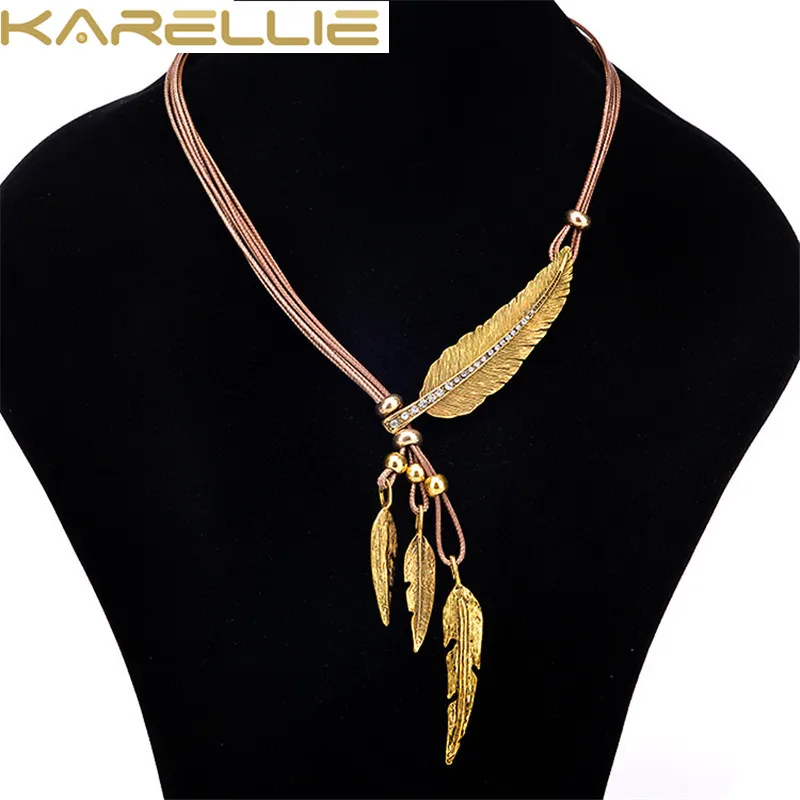 KARELLIE Vintage Jewelry Rope Chain Necklace Alloy Feather Statement Necklaces Pendants Women Accessories | Украшения и