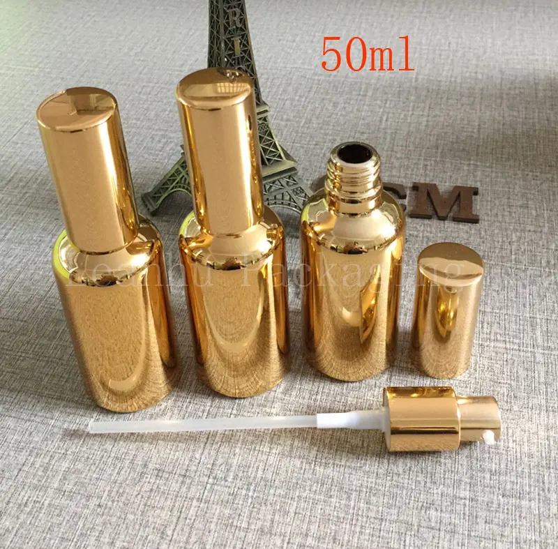 Wholesale 50ml Gold Glass Bottles, 50cc Lotion Shampoo Points Bottling, Cosmetics Travel Packaging Container(14PC/Lot)