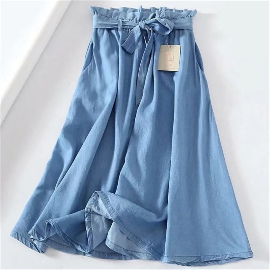 

Tancel Cotton Denim Skirt Slim High Waist Skirt Bow Summer Midi Skirt Casual Elegant Women Clothes 2021 New Skirts Womens Xl5081