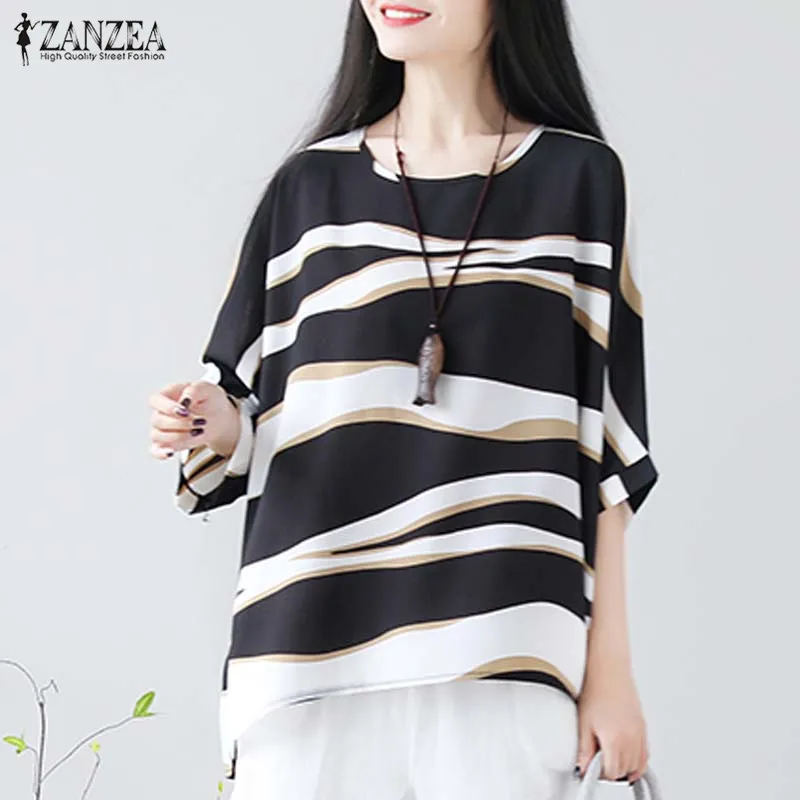 ZANZEA Plus Size Women Shirts Blouses Female Vintage Sleeve Blusas Summer Tunic Tops Chemiser Mujer Blusa Feminina