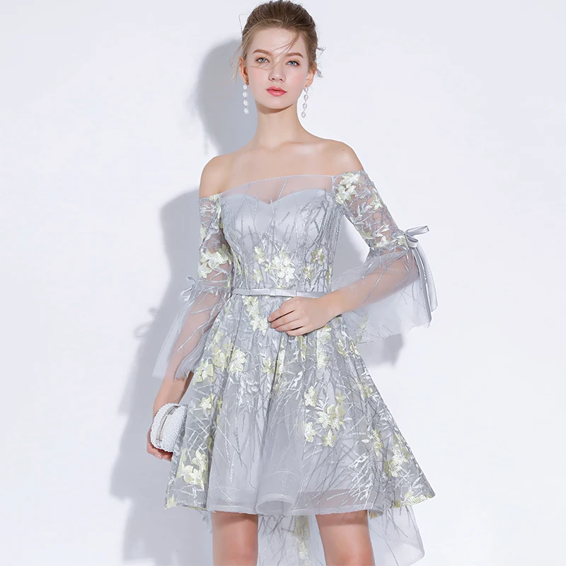 Кружевное коктейльное платье SSYFashion серое ассиметричное вечернее с вырезом