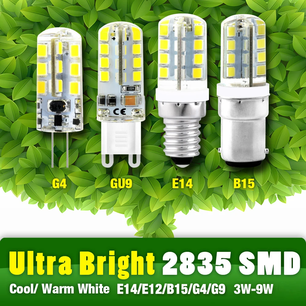 1 шт. светодиодный лампы SMD 2835 Светодиодный G4 G9 B15 E14 E12 светодиодный светильник 3 Вт 4 Вт 5 Вт 7 Вт 8 Вт 9 Вт Светодиодный светильник переменного тока/DC12V AC220V 360 градусов возможность замены галлогеновой лампой