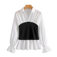 perhaps u women office lady turn down collar black white patchwork long sleeve top shirt b0284
