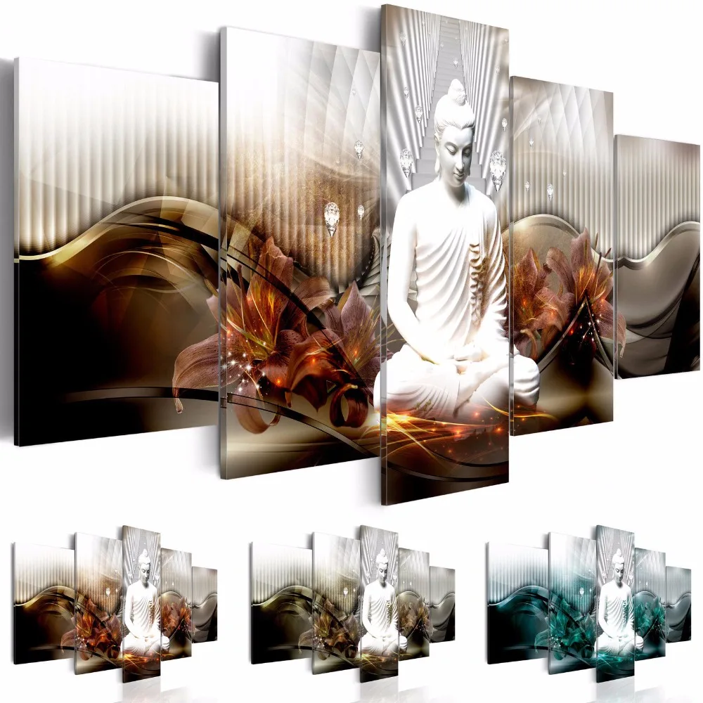 

2019 Fashion Wall Art Canvas Painting 5 Pieces Abstract Diamond Lily Flower White Buddha Modern Home Decoration,No Frame