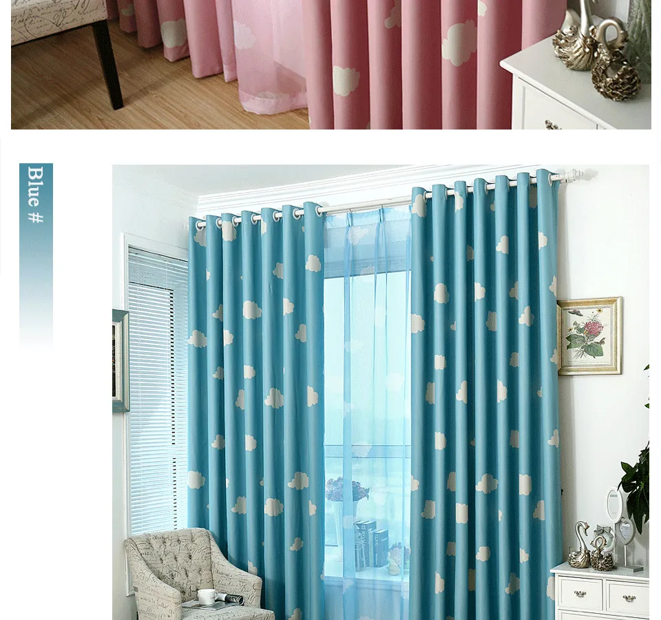 ICECUR Korean Style Cartoon Children Blackout Curtains White Clouds Printed for Kids Bedroom Living Room Girl Room Window Drapes