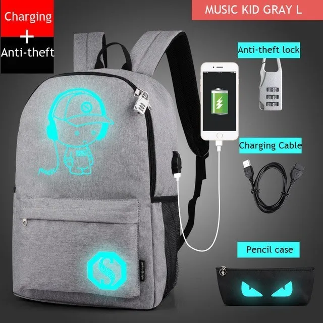 2Pcs Music kid gray Аниме светящийся Оксфорд школьный рюкзак на плечо до 15,6 дюймов с usb зарядным портом и замком школьная сумка для мальчика черный - Цвет: 2Pcs Music kid gray