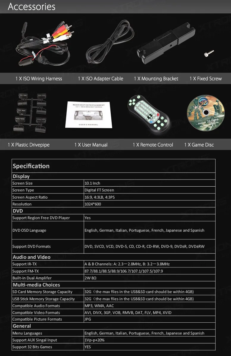 XTRONS 10," Универсальный подголовник для автомобильного сидения dvd-плеер с HDMI портом+ HD экран 1024*600+ IR Heasphones для детей