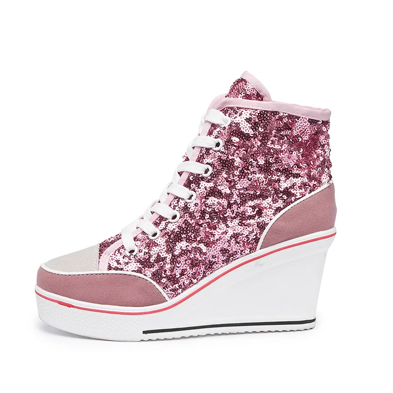 

2019 new 8 cm heightening women's shoes wedge shoes sequins tie muffin bottom casual thick bottom high shoes