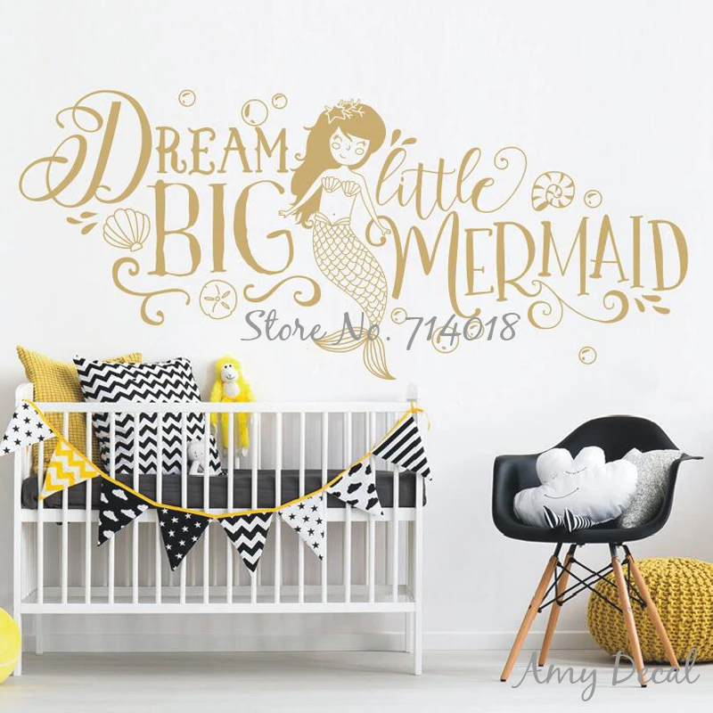 Dream Big Little Mermaid Wall Sticker Girls Nursery Decor Cute Quote Stickers Kids Room Decoration Vinyl Mural A868 | Дом и сад