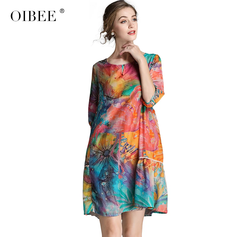 OIBEE, летние, с цветочным принтом, повседневные, трапециевидные, мини, для женщин, с круглым вырезом, половина рукава, размера плюс, свободные шорты, платья, Vestidos, женские