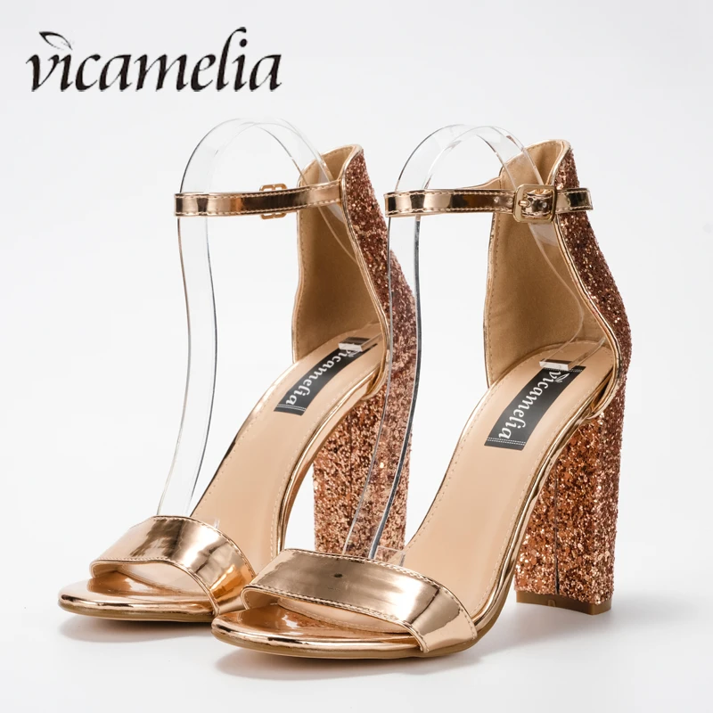 Vicamelia/женские блестящие босоножки на блочном каблуке; босоножки на высоком каблуке с блестящими пайетками; Босоножки с открытым носком и пряжкой; обувь для вечеринок с блестками; 565