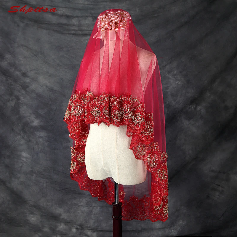 

Red Lace Long Cathedral Wedding Veil 3 m One Layer Bride Bridal Veils