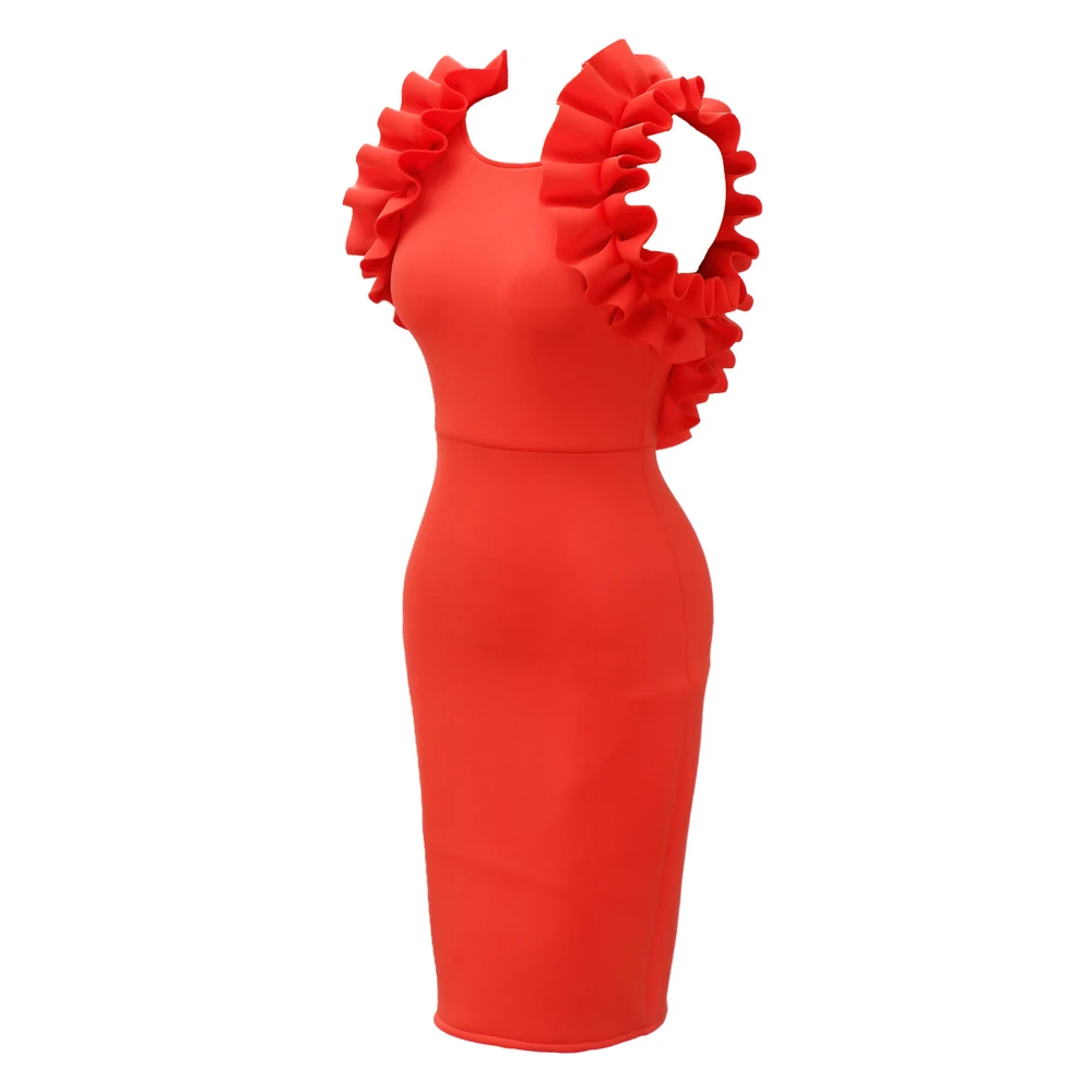 Женское облегающее платье красное вечернее с оборками на рукавах и открытой