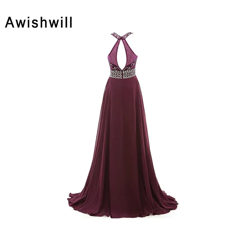 Женское шифоновое вечернее платье Бордовое с открытой спиной и бисером для
