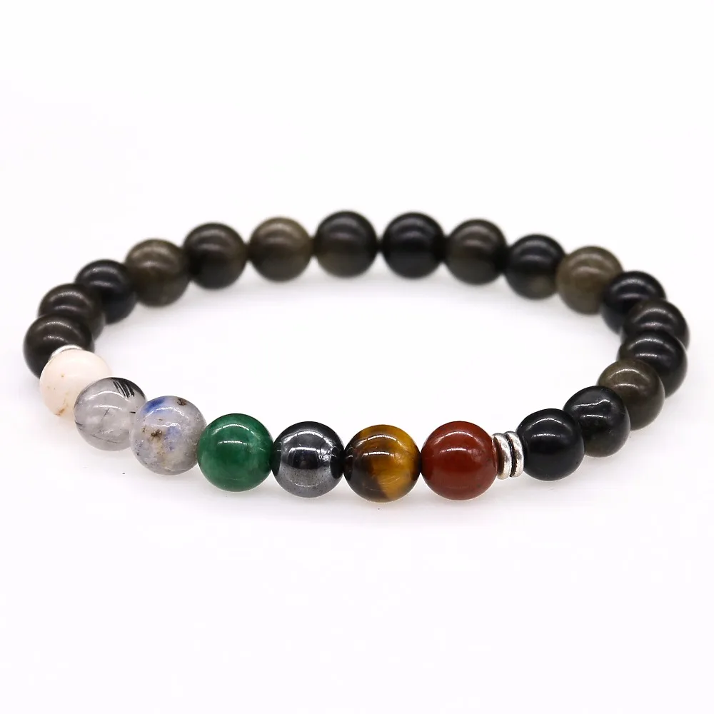 Мужские браслеты разных цветов радуги черный обсидиан 7 Чакр Исцеление баланса