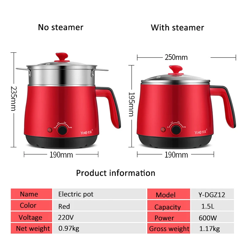 

Kbxstart 220V 1.5L Multifunction Electric Cooking Pot Skillet Noodles Rice Cooker Thermal Insulation Mini Dormitory Hot Pot 600W