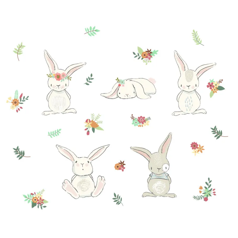 Lovely Rabbit Wall Stickers For Kids Room Decoration Cartoon Animals Bunny Mural Art Diy Home Decals Posters Children Gift