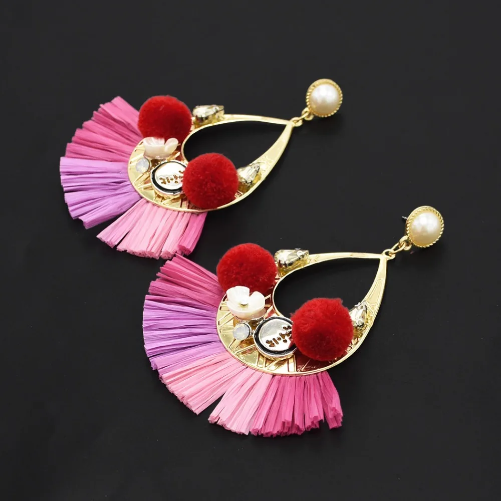 6 Colors Cute Flower Shape Pom Ball Raffia Drop Earrings Unique Plastic Tassel Dangle Women Party Fashion Jewelry | Украшения и
