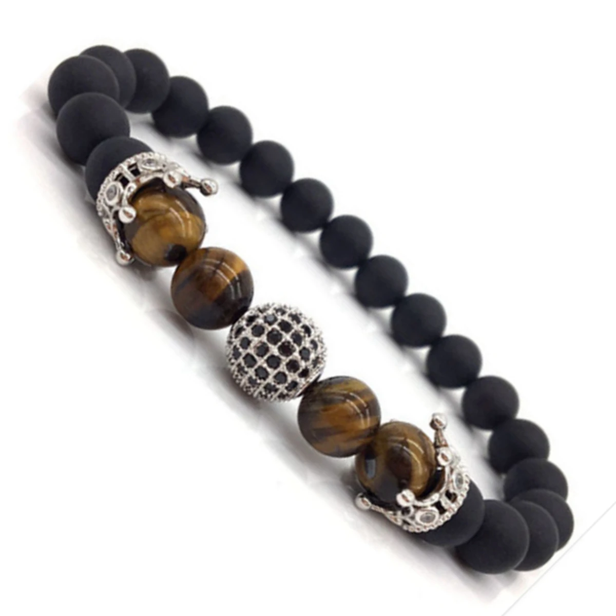 Горячая мода очаровательный мужской браслет Pave CZ King Crown & ball черный камень лавы из