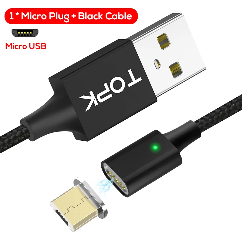 Black Cable TOPK F-Line2 светодиодный магнитный Micro USB кабель для samsung Xiaomi huawei кабели для мобильных телефонов нейлоновый Плетеный Магнитный кабель для зарядки и передачи данных - Цвет: Black Cable