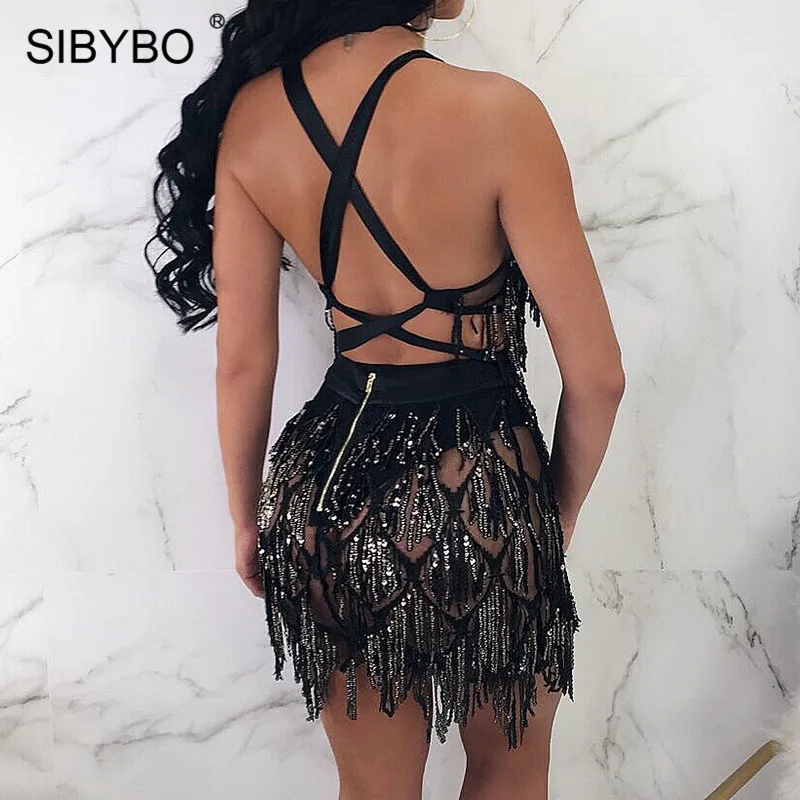 Sibybo прозрачное сексуальное женское платье с блестками и сеткой с глубоким v-образным вырезом на спине летнее Бандажное платье мини Вечерние платья для ночного клуба