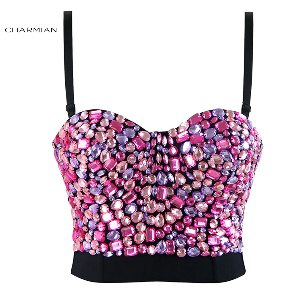 Pink Charmian, женский сексуальный бюстье с косточками в стиле панк, укороченный топ, серебристые бусы, Бурлеск, Клубная Танцевальная вечеринка, Корректирующее белье, корсеты и бюстье - Цвет: Pink
