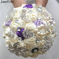 janevini luxury ivory satin rose bridemaid bouquet lace handle crystal bridal bouquets wedding flowers artificial buque de noiva